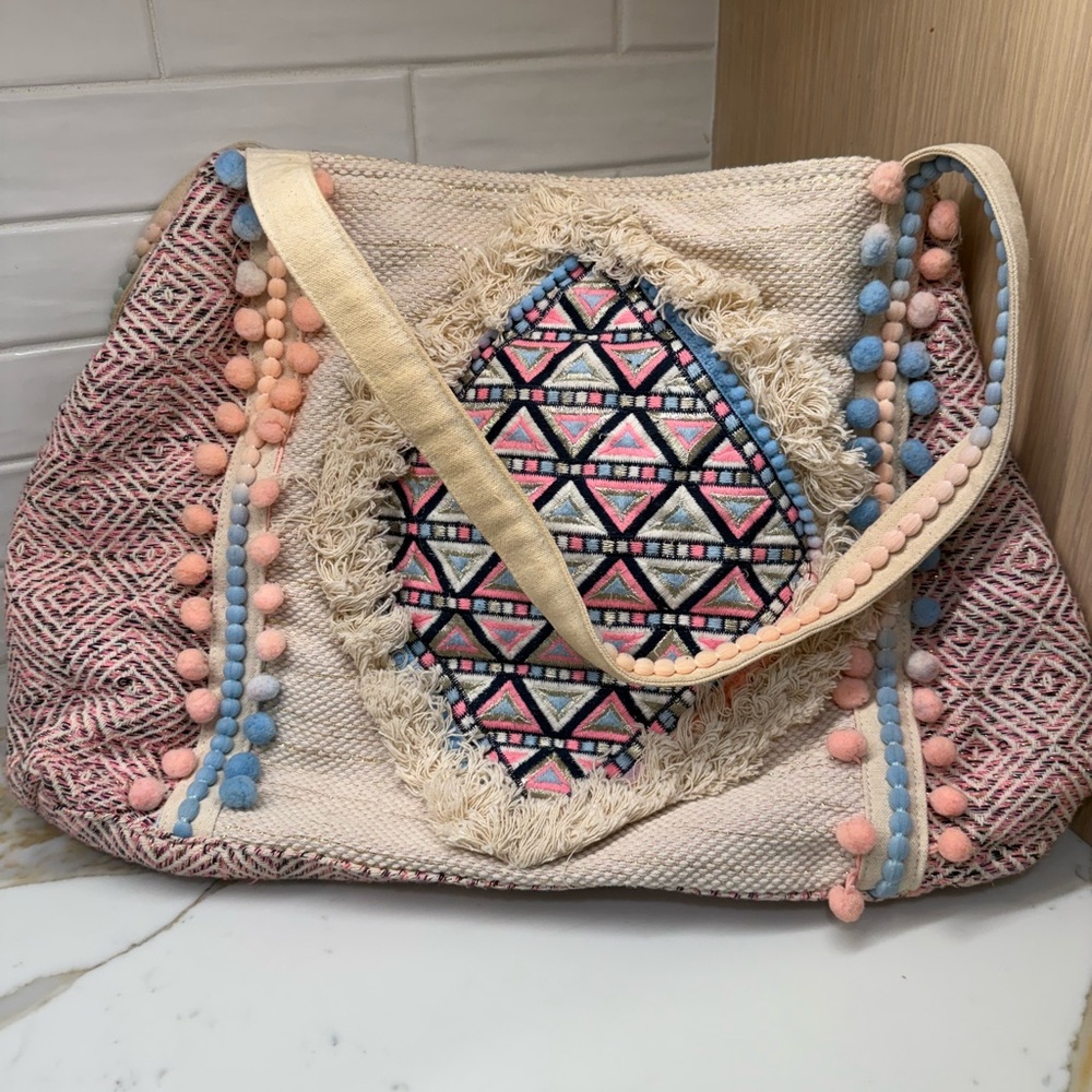 Cream and Pink Bohemian Tote with Triangle Design